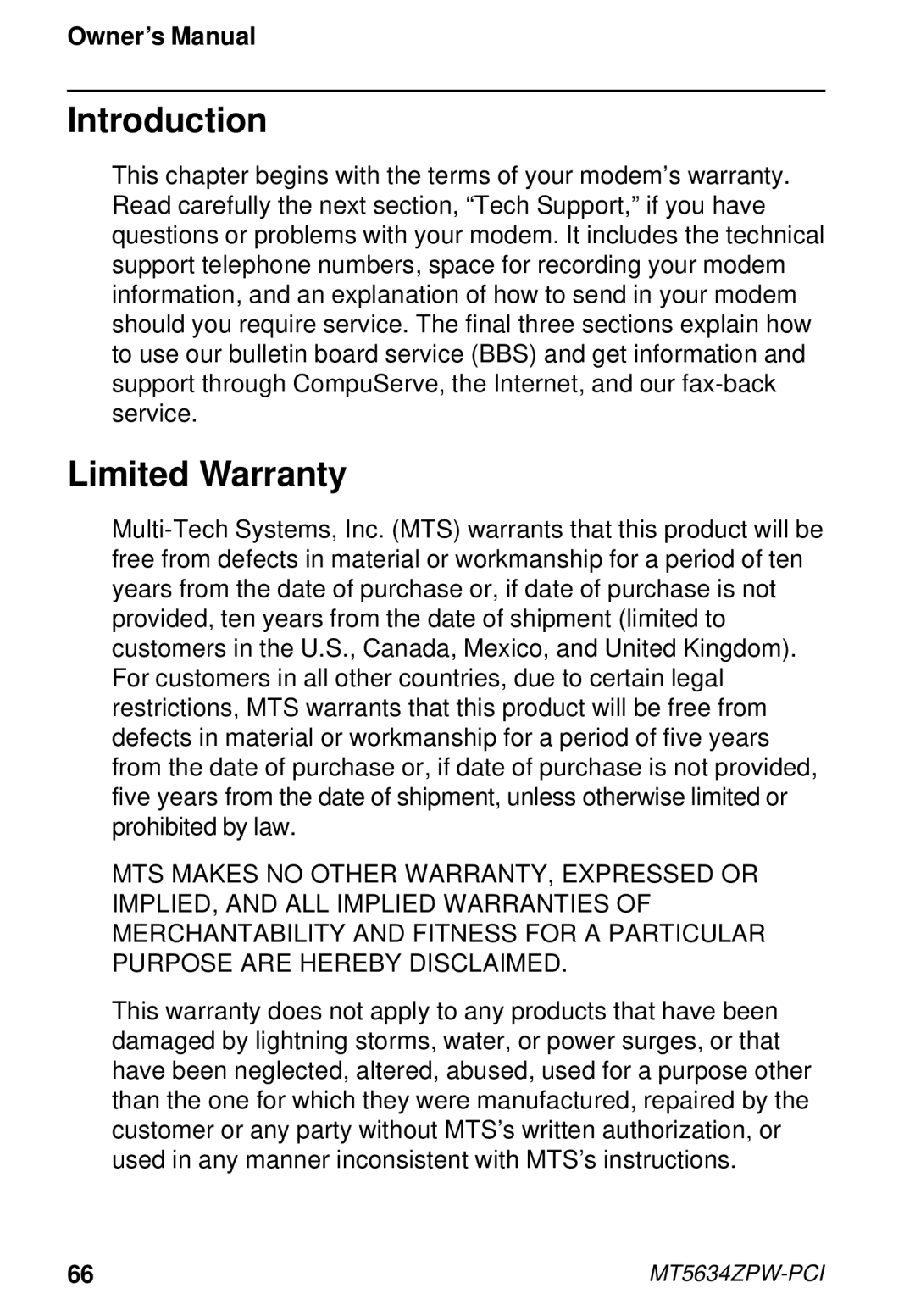 Multi-Tech Systems MT5634ZPW-PCI owner manual Introduction, Limited Warranty 