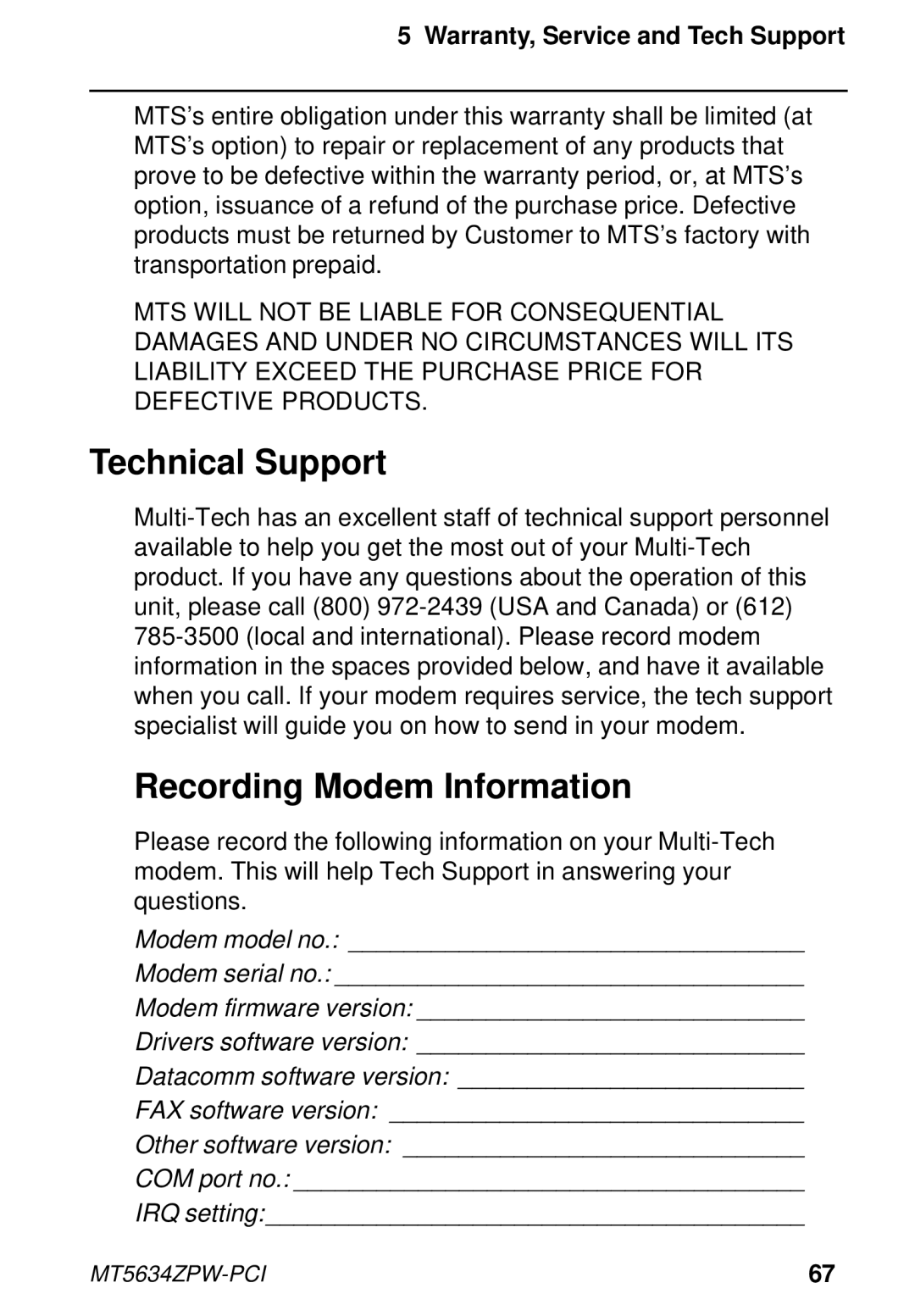 Multi-Tech Systems MT5634ZPW-PCI owner manual Technical Support, Recording Modem Information 