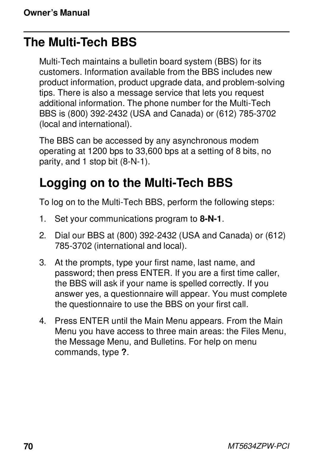 Multi-Tech Systems MT5634ZPW-PCI owner manual Logging on to the Multi-Tech BBS 