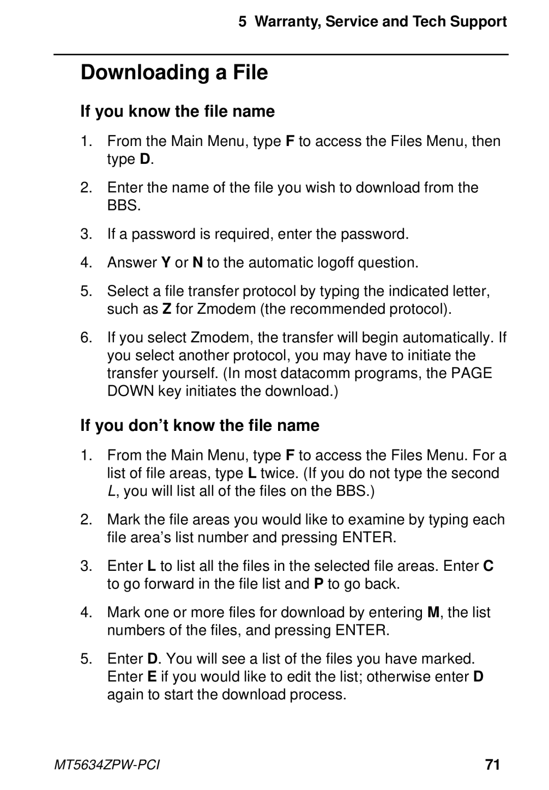 Multi-Tech Systems MT5634ZPW-PCI owner manual Downloading a File, If you know the file name 