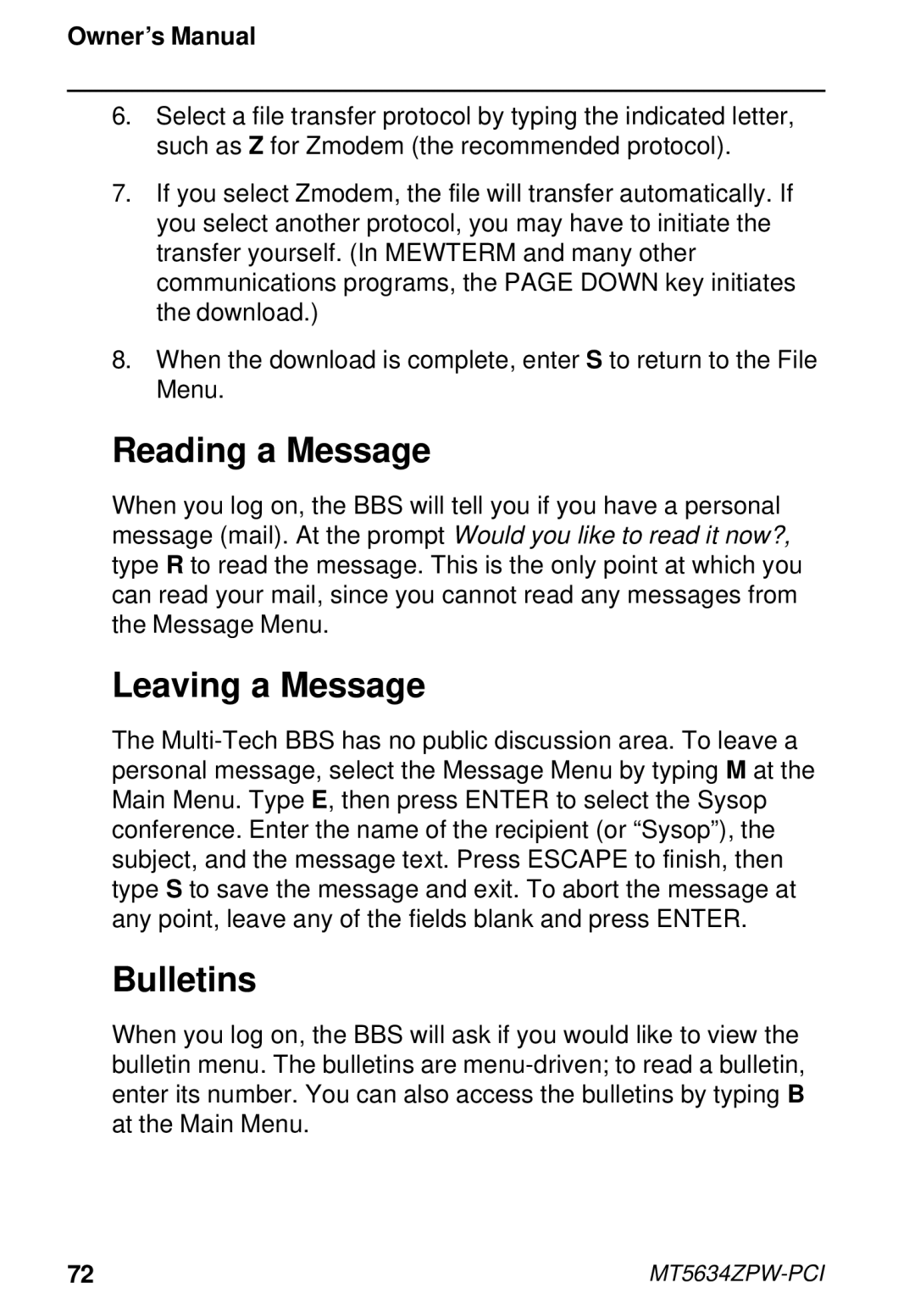 Multi-Tech Systems MT5634ZPW-PCI owner manual Reading a Message, Leaving a Message, Bulletins 