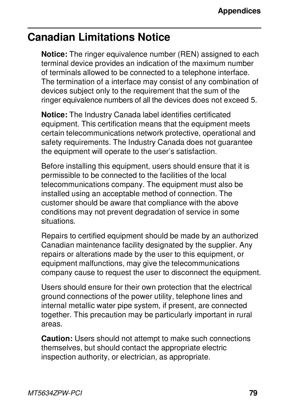 Multi-Tech Systems MT5634ZPW-PCI owner manual Canadian Limitations Notice 