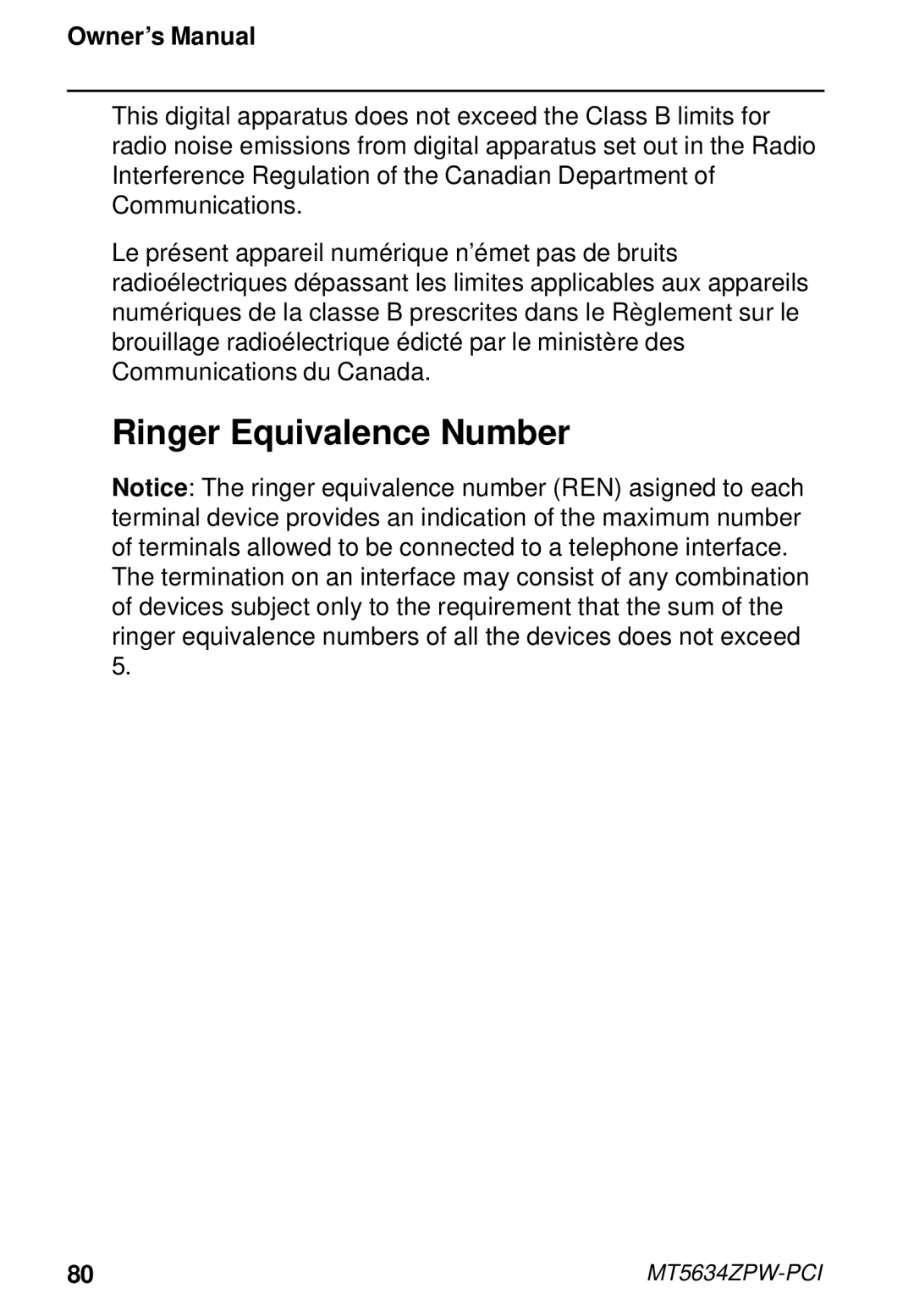 Multi-Tech Systems MT5634ZPW-PCI owner manual Ringer Equivalence Number 