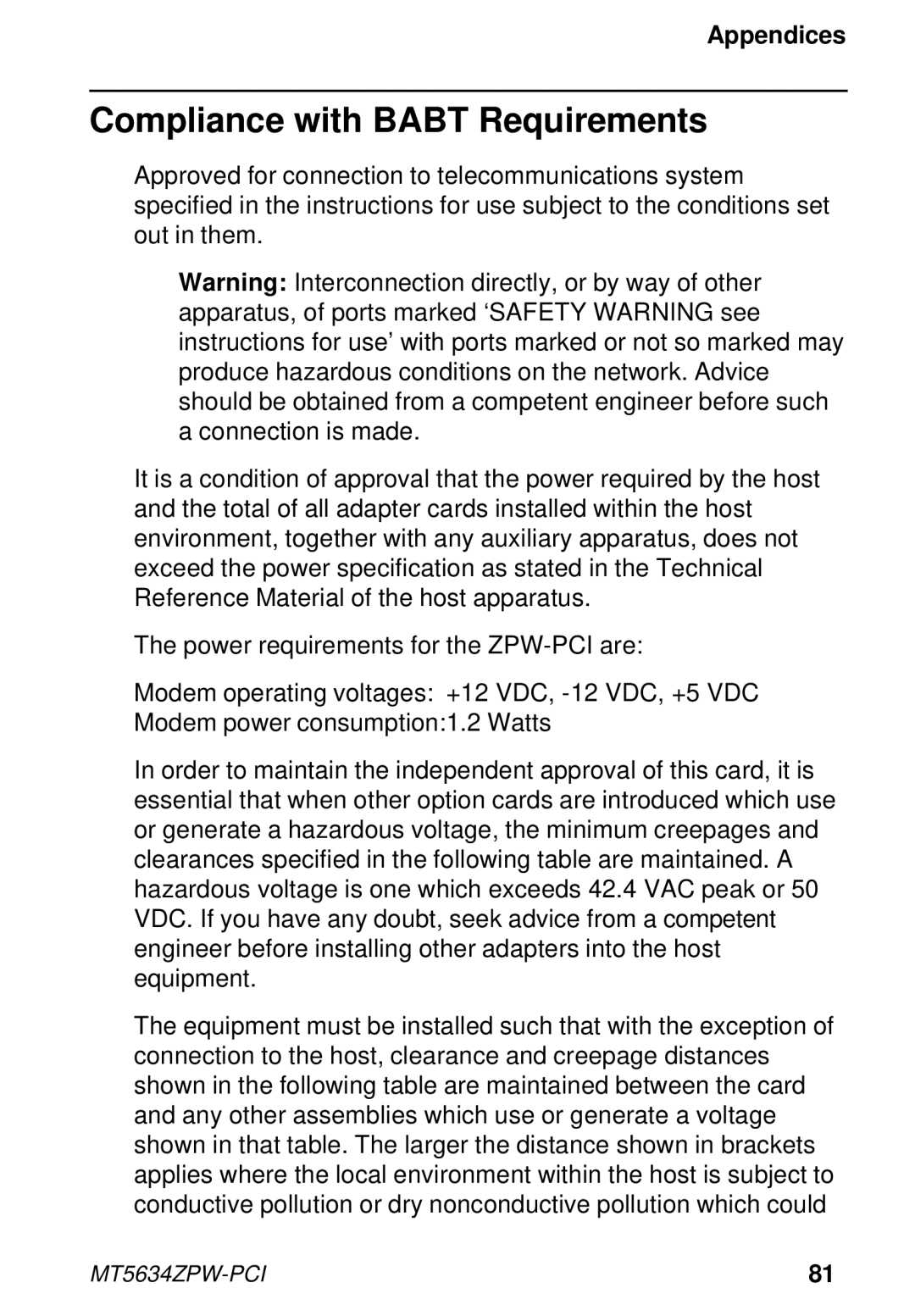 Multi-Tech Systems MT5634ZPW-PCI owner manual Compliance with Babt Requirements 