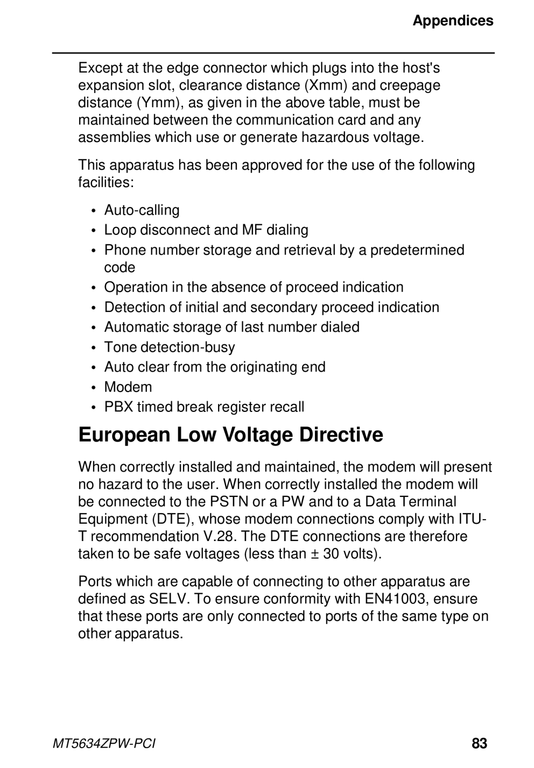 Multi-Tech Systems MT5634ZPW-PCI owner manual European Low Voltage Directive 