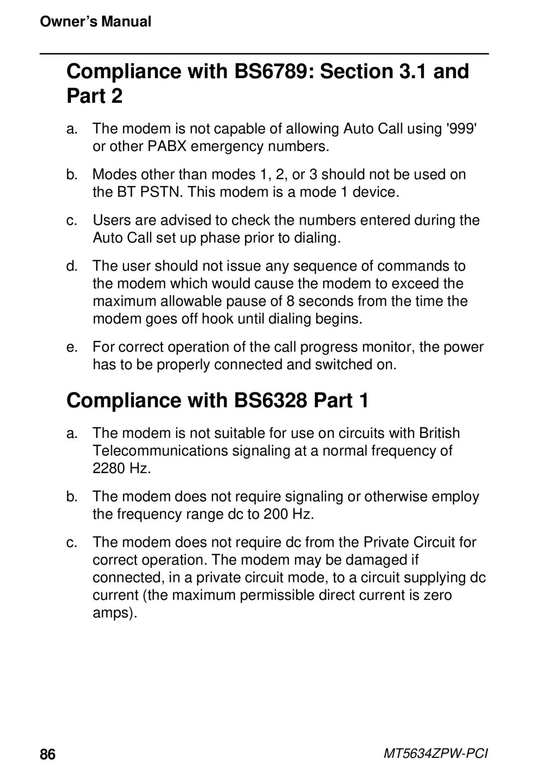 Multi-Tech Systems MT5634ZPW-PCI owner manual Compliance with BS6789 .1 and Part, Compliance with BS6328 Part 