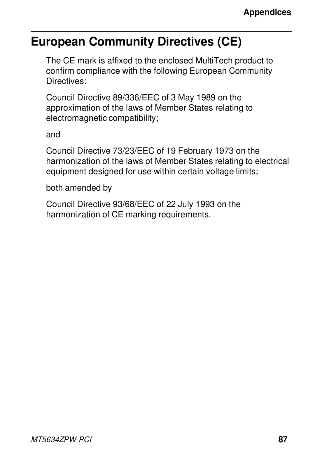 Multi-Tech Systems MT5634ZPW-PCI owner manual European Community Directives CE 