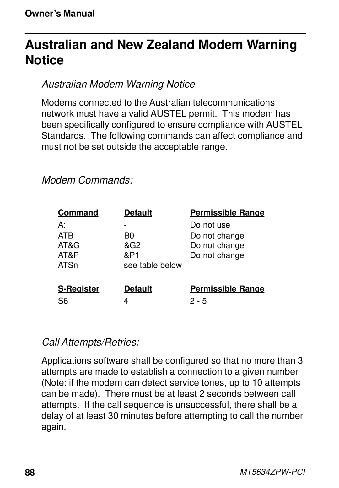 Multi-Tech Systems MT5634ZPW-PCI Australian and New Zealand Modem Warning Notice, Command Default Permissible Range 