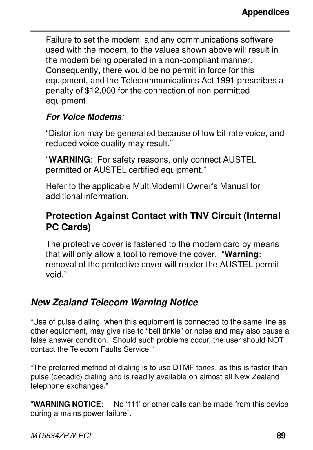 Multi-Tech Systems MT5634ZPW-PCI owner manual New Zealand Telecom Warning Notice 