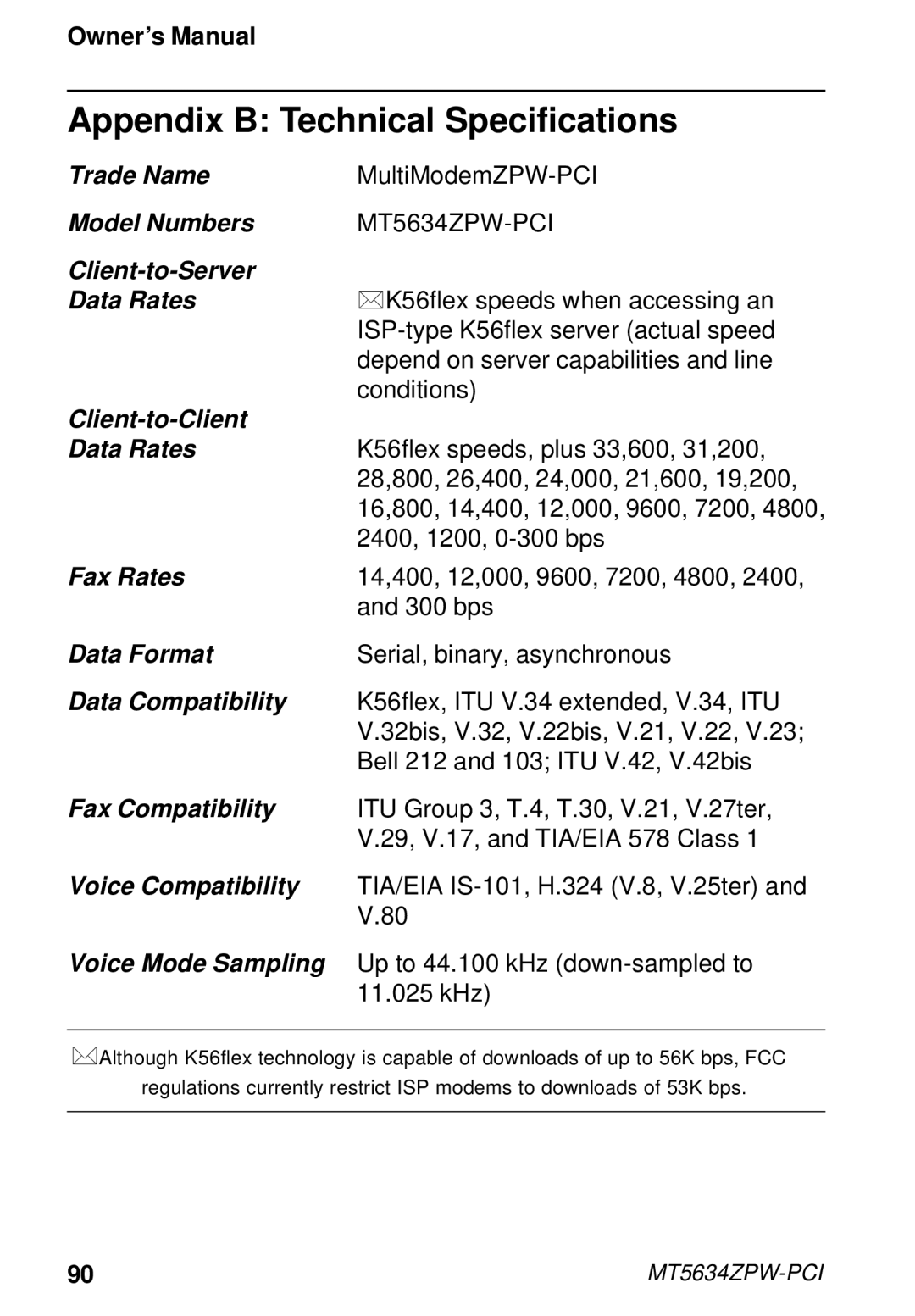 Multi-Tech Systems MT5634ZPW-PCI owner manual Appendix B Technical Specifications, Client-to-Server Data Rates 