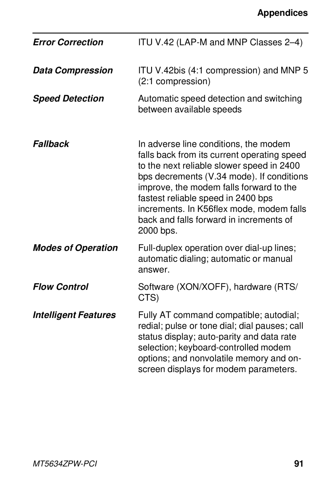 Multi-Tech Systems MT5634ZPW-PCI owner manual Error Correction 