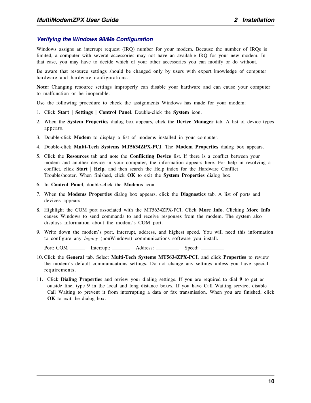 Multi-Tech Systems MT5634ZPX-PCI-U manual Verifying the Windows 98/Me Configuration 