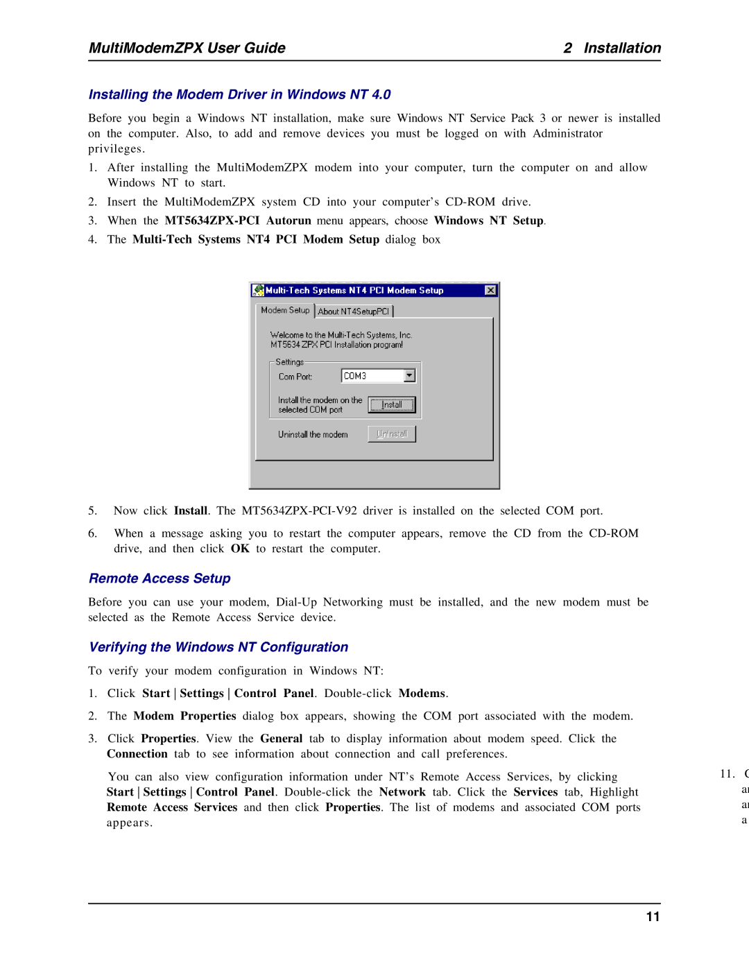 Multi-Tech Systems MT5634ZPX-PCI-U manual Installing the Modem Driver in Windows NT, Remote Access Setup 