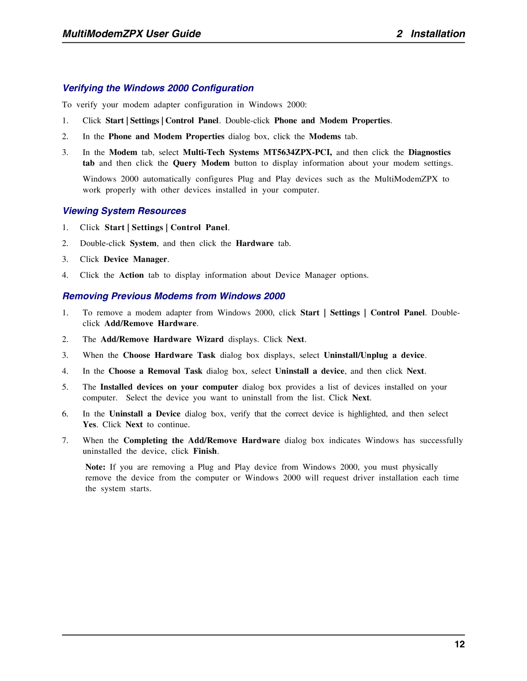 Multi-Tech Systems MT5634ZPX-PCI-U manual Verifying the Windows 2000 Configuration, Viewing System Resources 