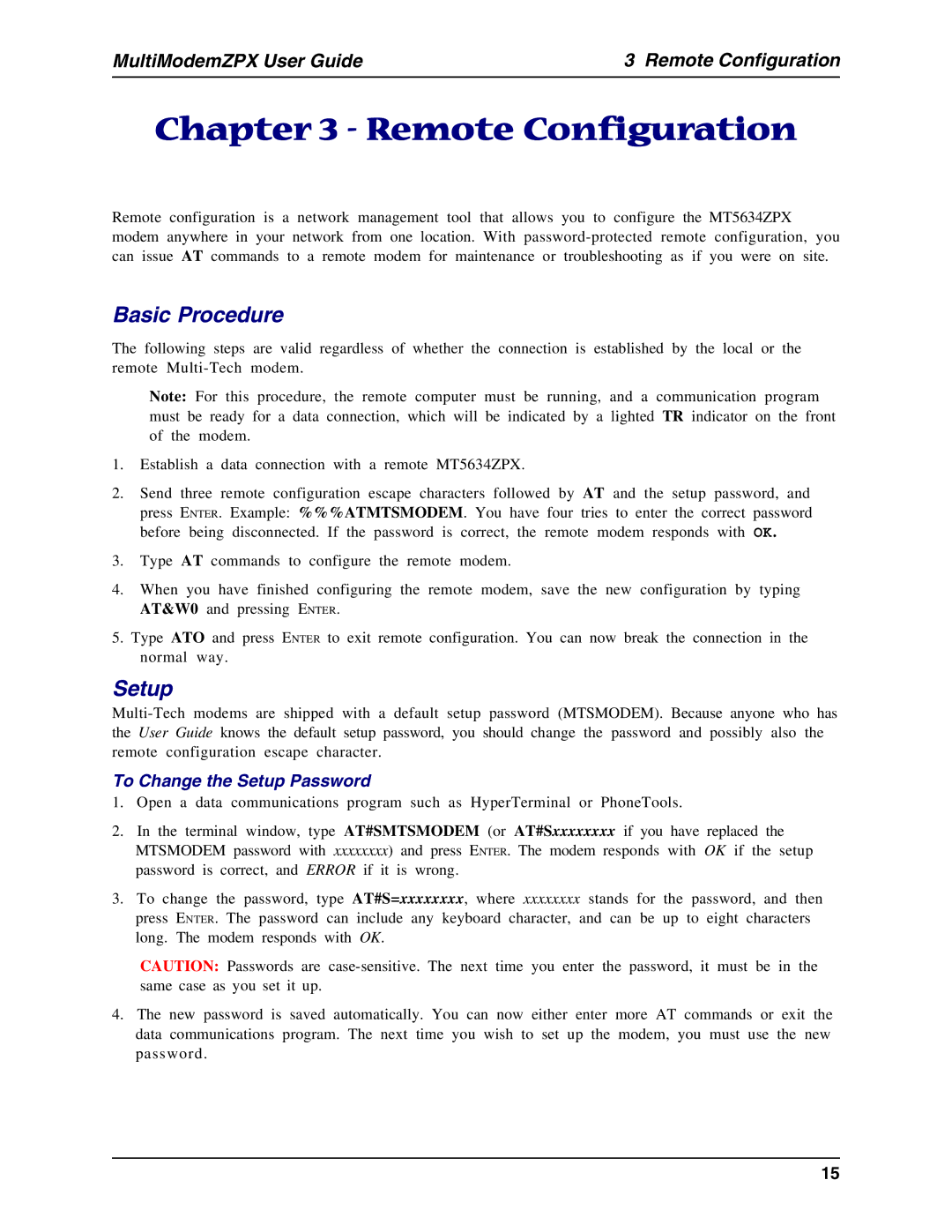 Multi-Tech Systems MT5634ZPX-PCI-U manual Remote Configuration, Basic Procedure, To Change the Setup Password 