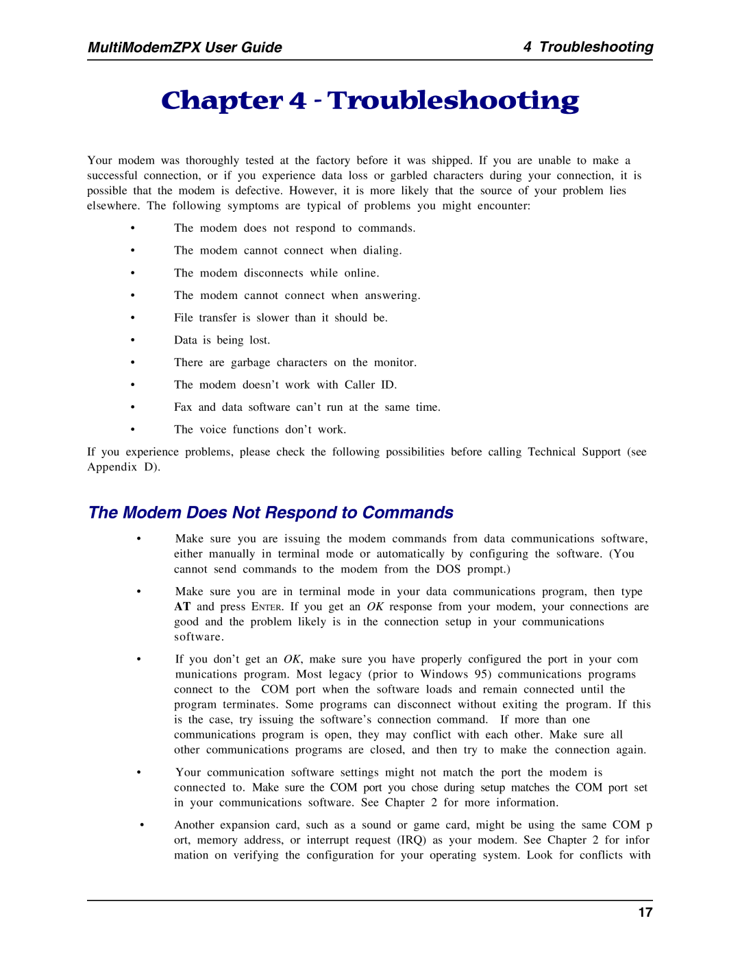 Multi-Tech Systems MT5634ZPX-PCI-U manual Troubleshooting, Modem Does Not Respond to Commands 