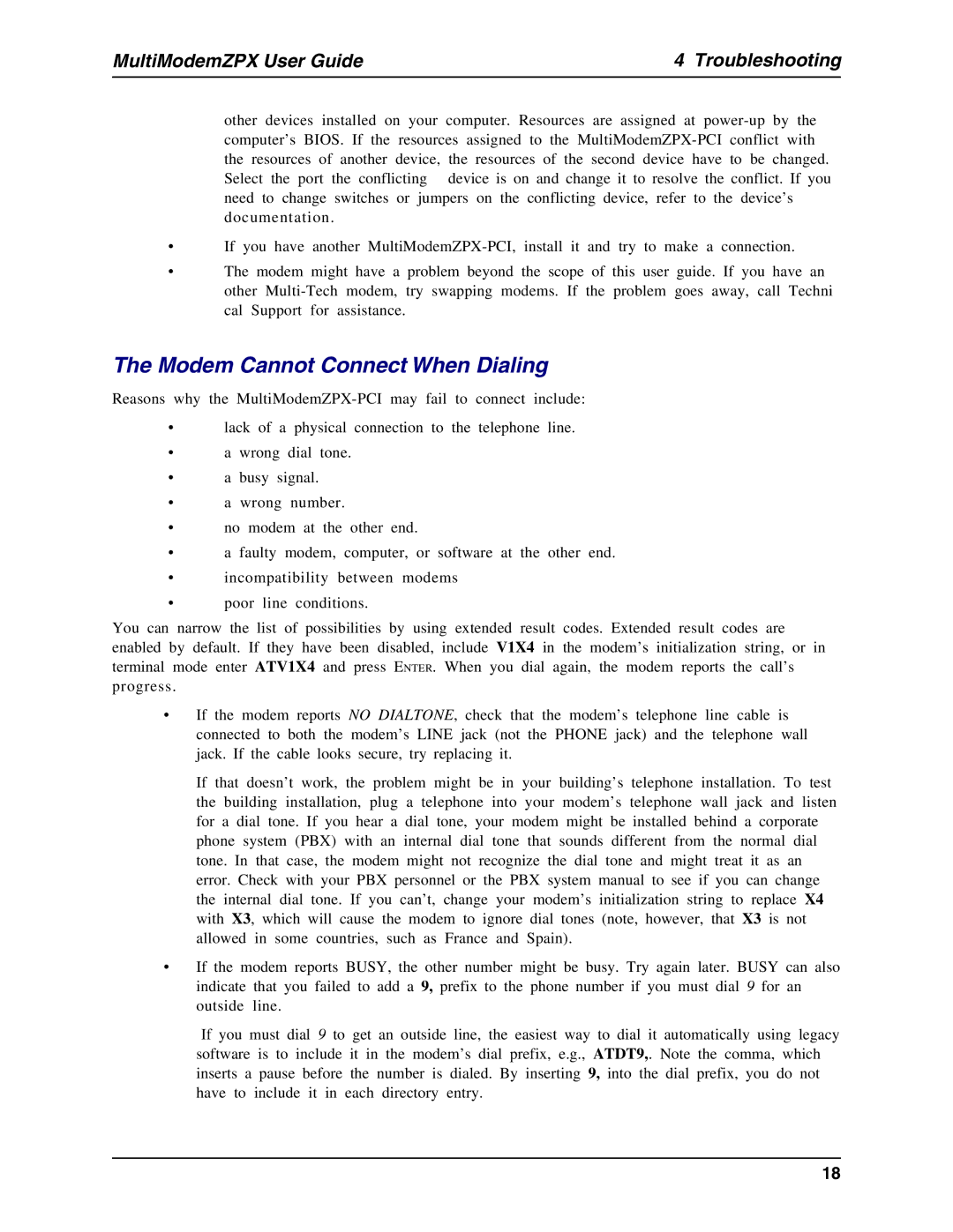 Multi-Tech Systems MT5634ZPX-PCI-U manual Modem Cannot Connect When Dialing 