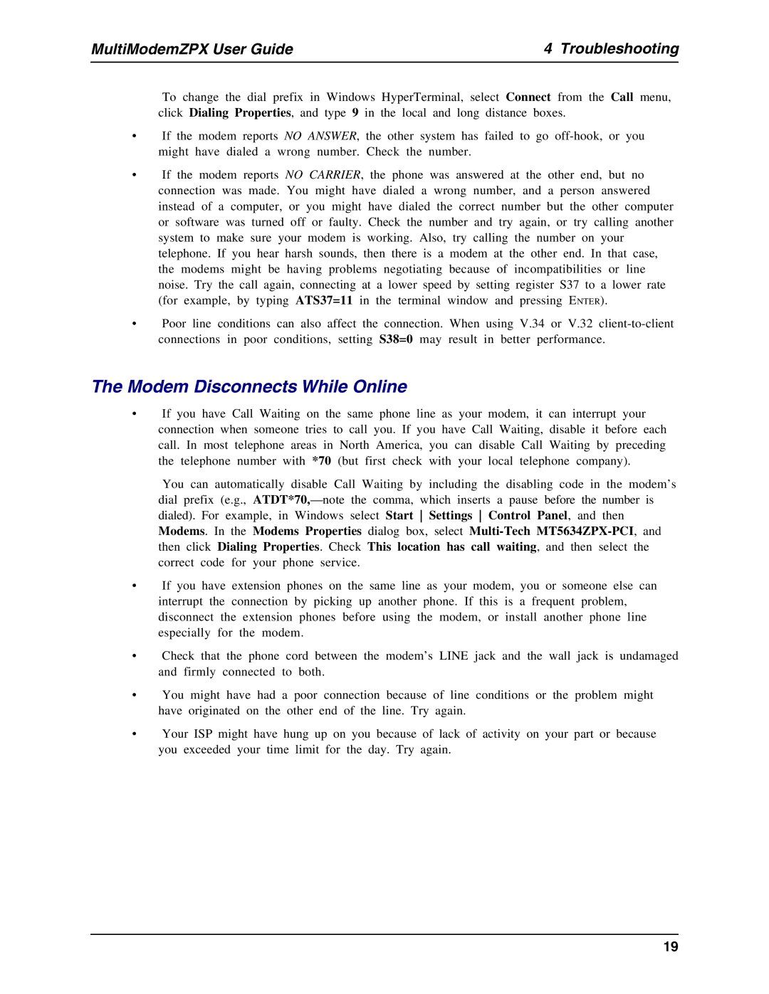 Multi-Tech Systems MT5634ZPX-PCI-U manual Modem Disconnects While Online 