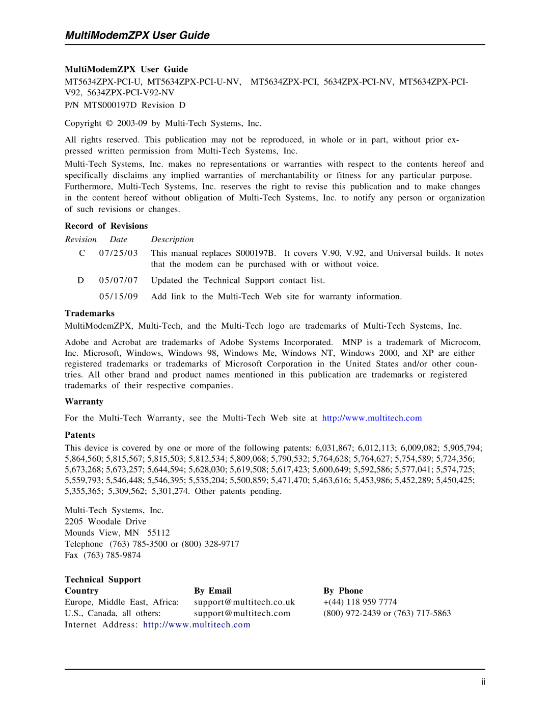 Multi-Tech Systems MT5634ZPX-PCI-U manual MultiModemZPX User Guide, Record of Revisions, Trademarks, Warranty Patents 