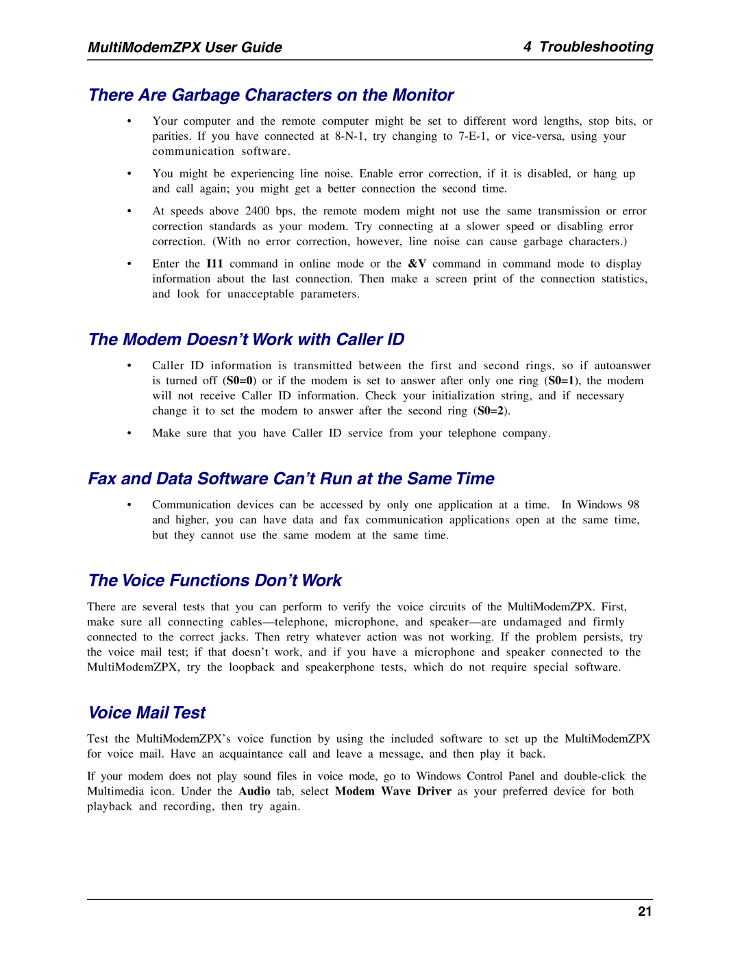 Multi-Tech Systems MT5634ZPX-PCI-U manual There Are Garbage Characters on the Monitor, Modem Doesn’t Work with Caller ID 