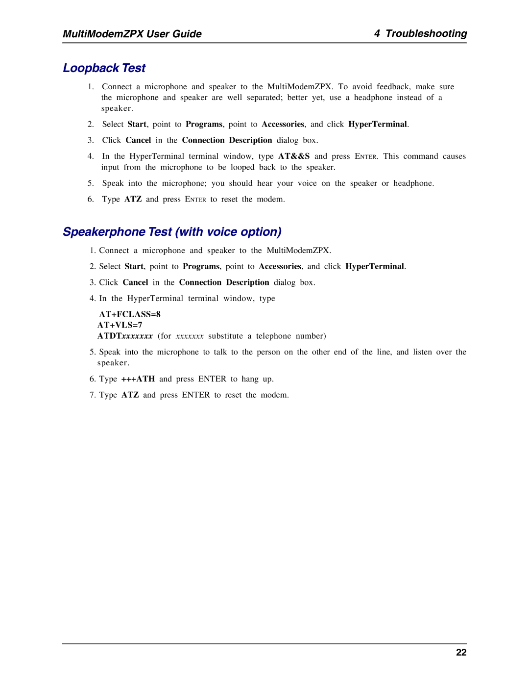 Multi-Tech Systems MT5634ZPX-PCI-U manual Loopback Test, Speakerphone Test with voice option 