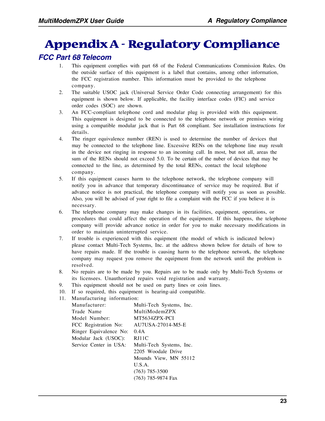 Multi-Tech Systems MT5634ZPX-PCI-U manual Appendix a Regulatory Compliance, FCC Part 68 Telecom 