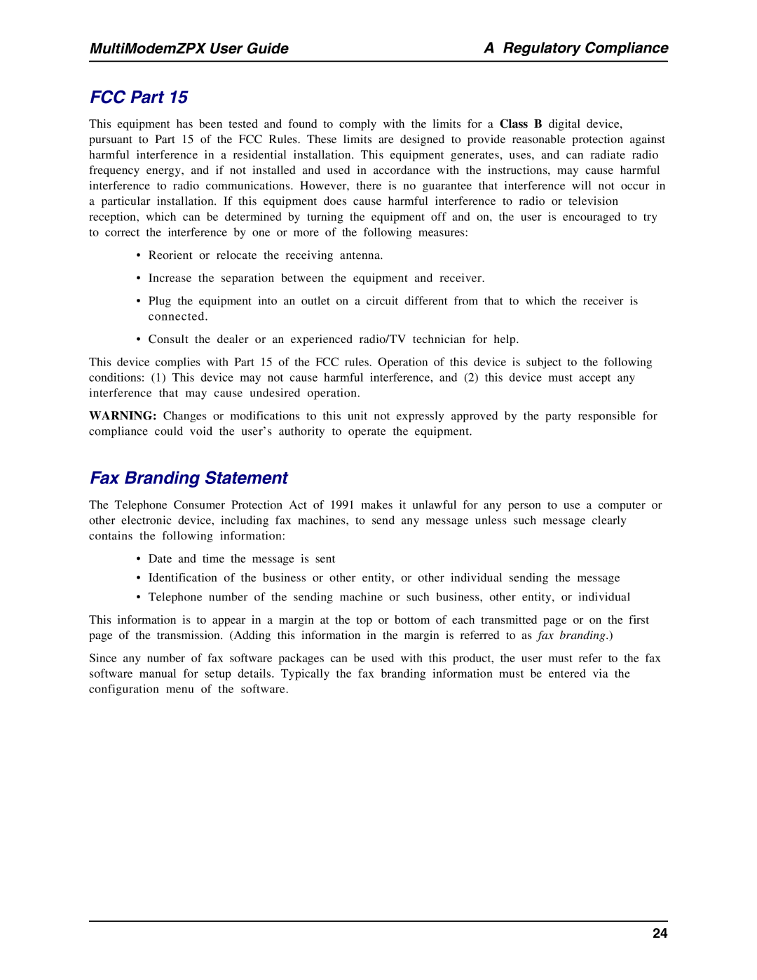 Multi-Tech Systems MT5634ZPX-PCI-U manual FCC Part, Fax Branding Statement 