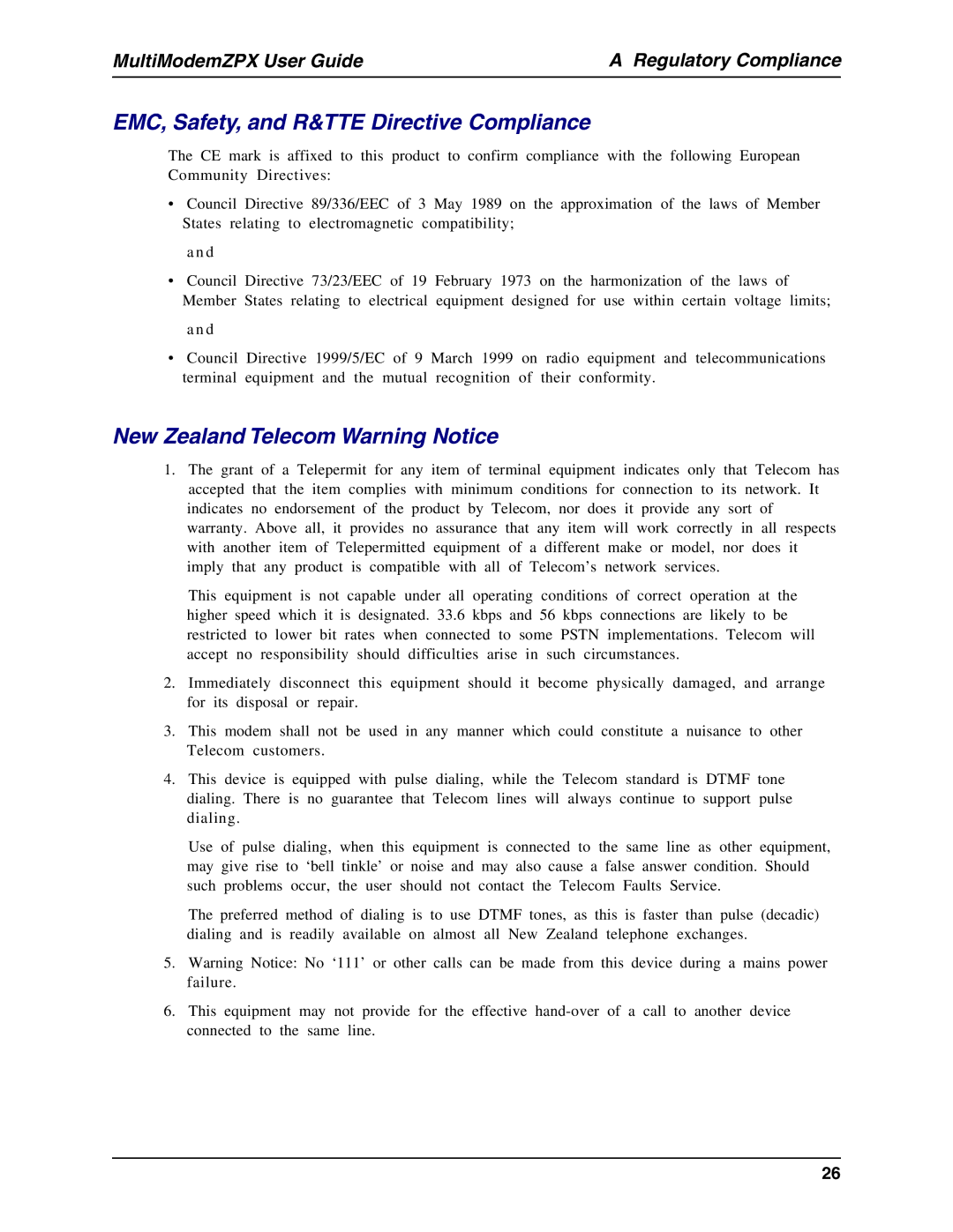 Multi-Tech Systems MT5634ZPX-PCI-U manual EMC, Safety, and R&TTE Directive Compliance, New Zealand Telecom Warning Notice 