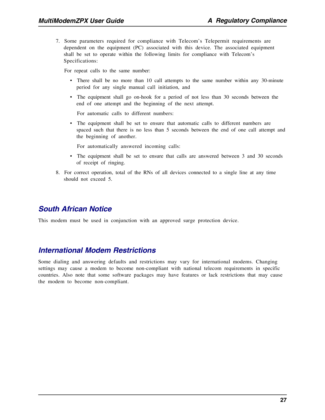 Multi-Tech Systems MT5634ZPX-PCI-U manual South African Notice, International Modem Restrictions 