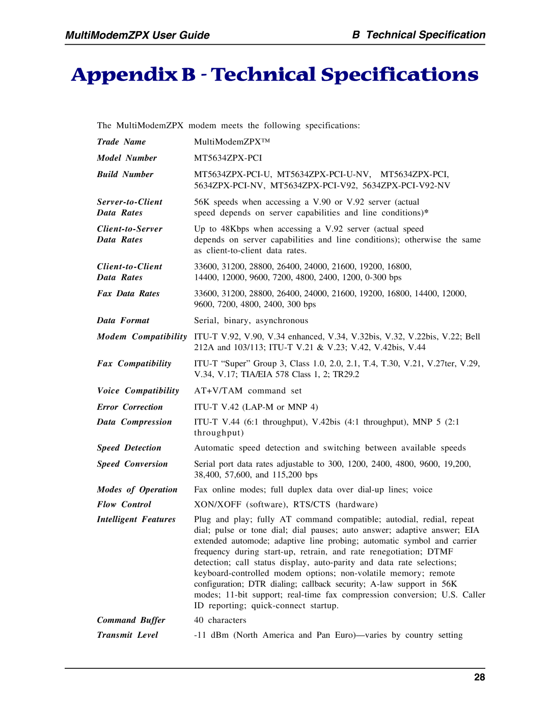 Multi-Tech Systems MT5634ZPX-PCI-U manual Appendix B Technical Specifications, Build Number 