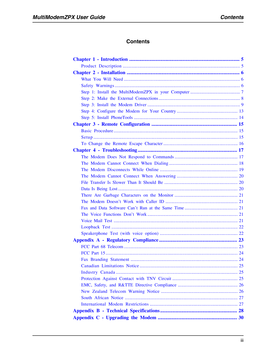 Multi-Tech Systems MT5634ZPX-PCI-U manual Contents 