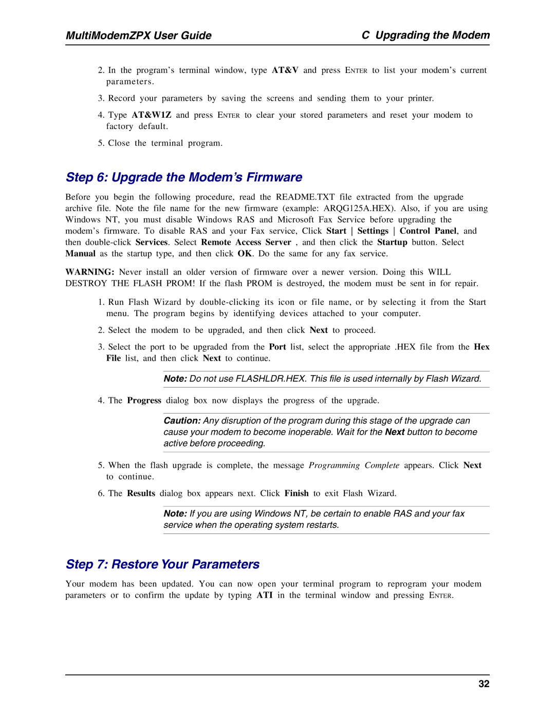 Multi-Tech Systems MT5634ZPX-PCI-U manual Upgrade the Modem’s Firmware, Restore Your Parameters 