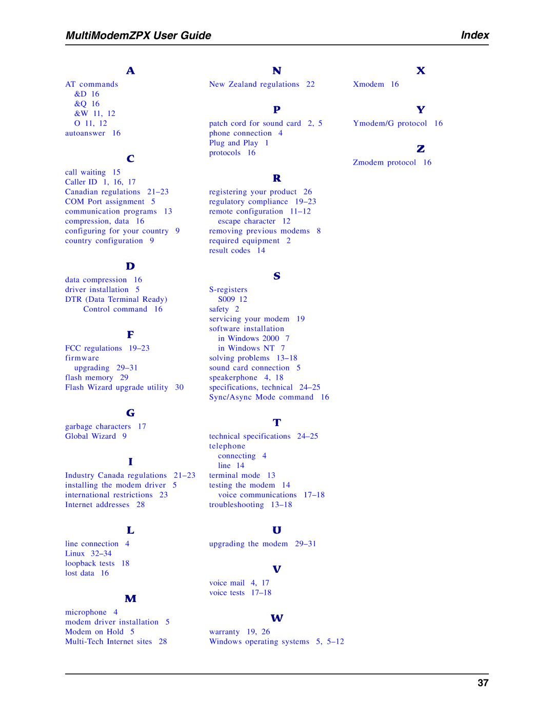 Multi-Tech Systems MT5634ZPX-PCI-U manual MultiModemZPX User Guide Index 