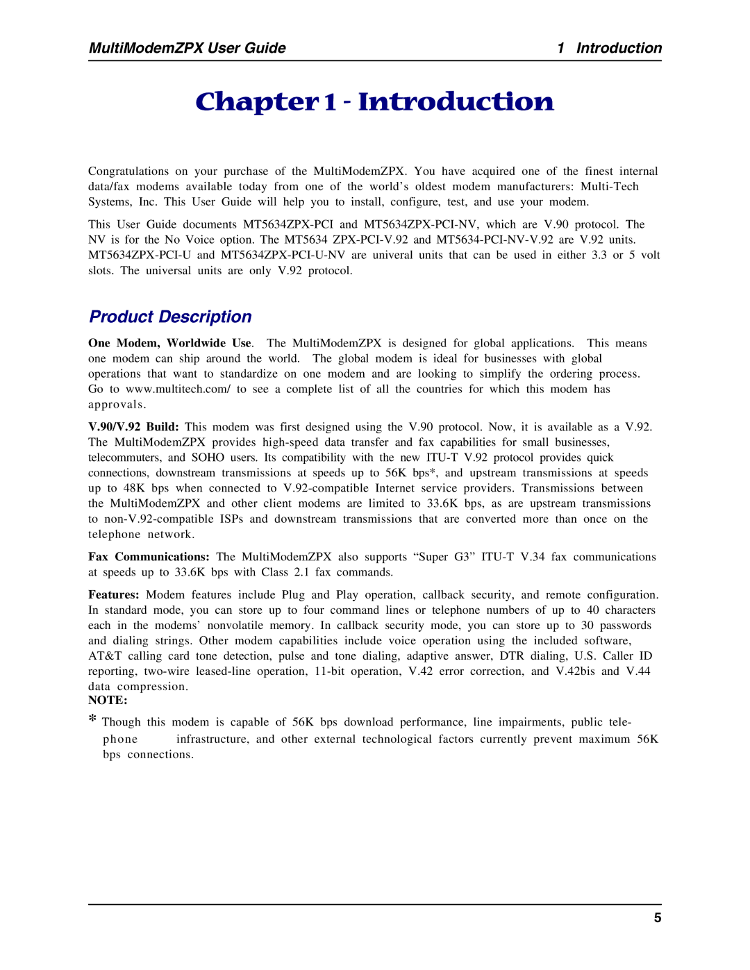 Multi-Tech Systems MT5634ZPX-PCI-U manual Introduction, Product Description 