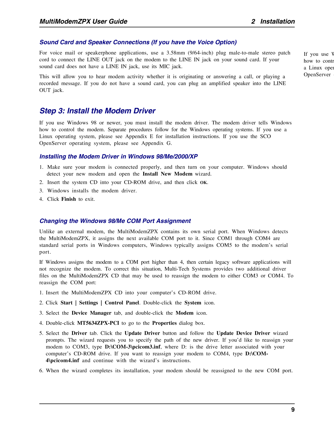 Multi-Tech Systems MT5634ZPX-PCI-U manual Install the Modem Driver, Installing the Modem Driver in Windows 98/Me/2000/XP 