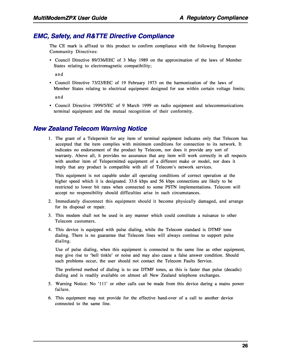 Multi-Tech Systems MT5634ZPX-PCI-U manual EMC, Safety, and R&TTE Directive Compliance, New Zealand Telecom Warning Notice 