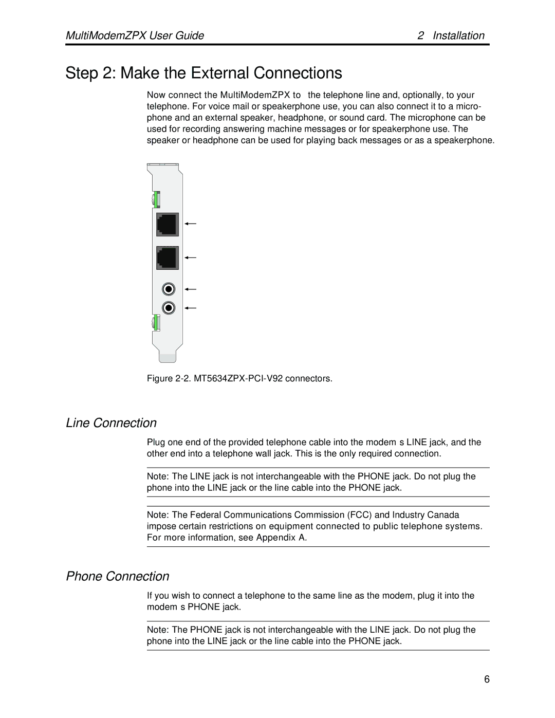 Multi-Tech Systems MT5634ZPX-PCI-V92 manual Make the External Connections, Line Connection, Phone Connection 