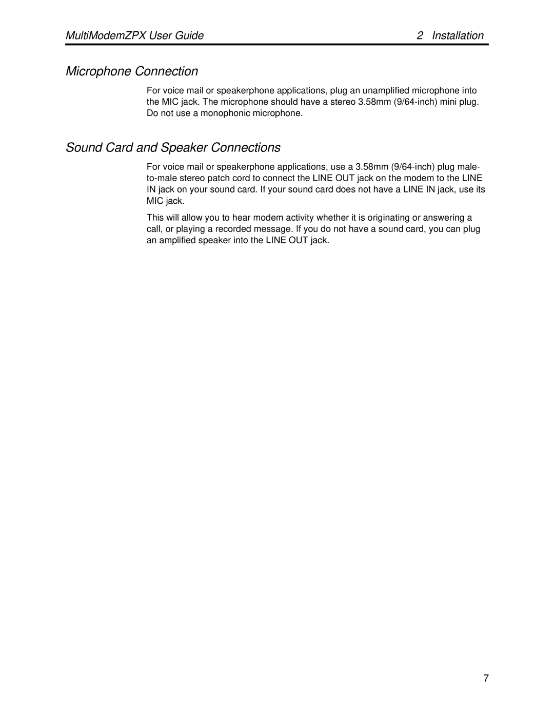 Multi-Tech Systems MT5634ZPX-PCI-V92 manual Microphone Connection, Sound Card and Speaker Connections 