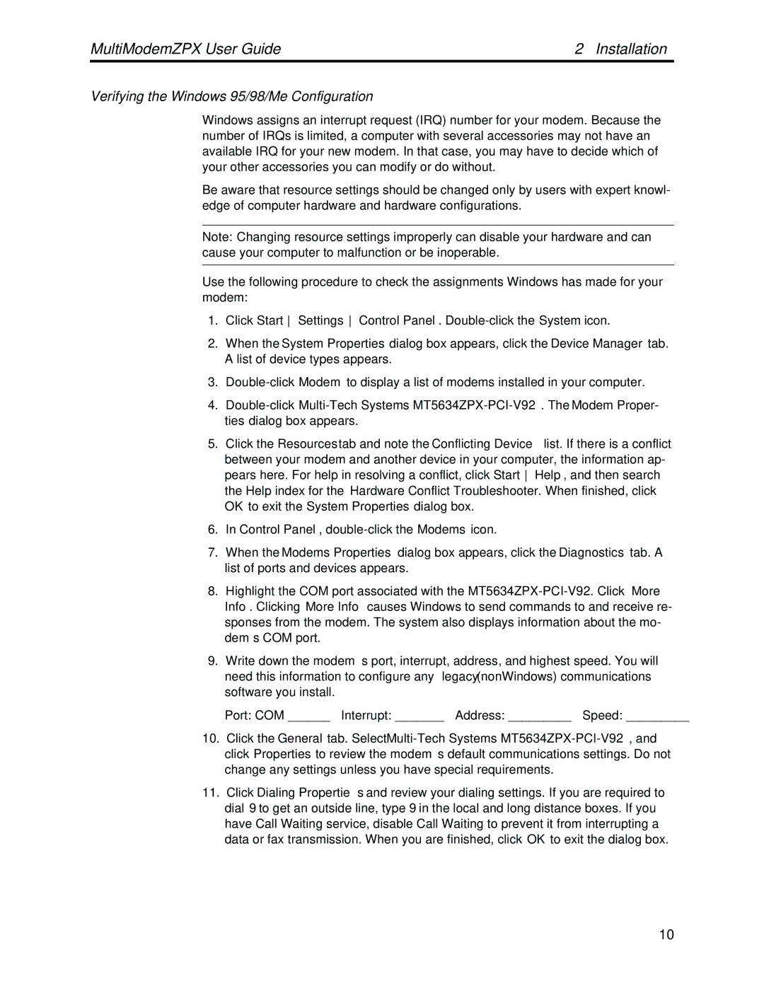 Multi-Tech Systems MT5634ZPX-PCI-V92 manual Verifying the Windows 95/98/Me Configuration 