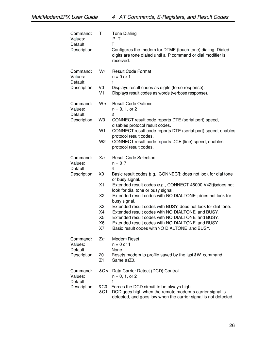 Multi-Tech Systems MT5634ZPX-PCI-V92 manual Tone Dialing, Result Code Format, Result Code Options, Result Code Selection 