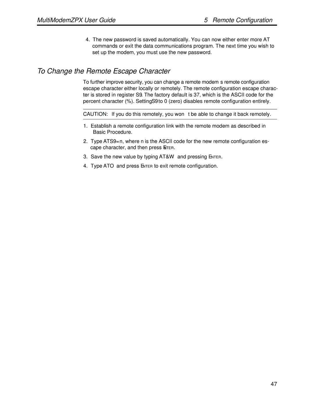 Multi-Tech Systems MT5634ZPX-PCI-V92 manual To Change the Remote Escape Character 