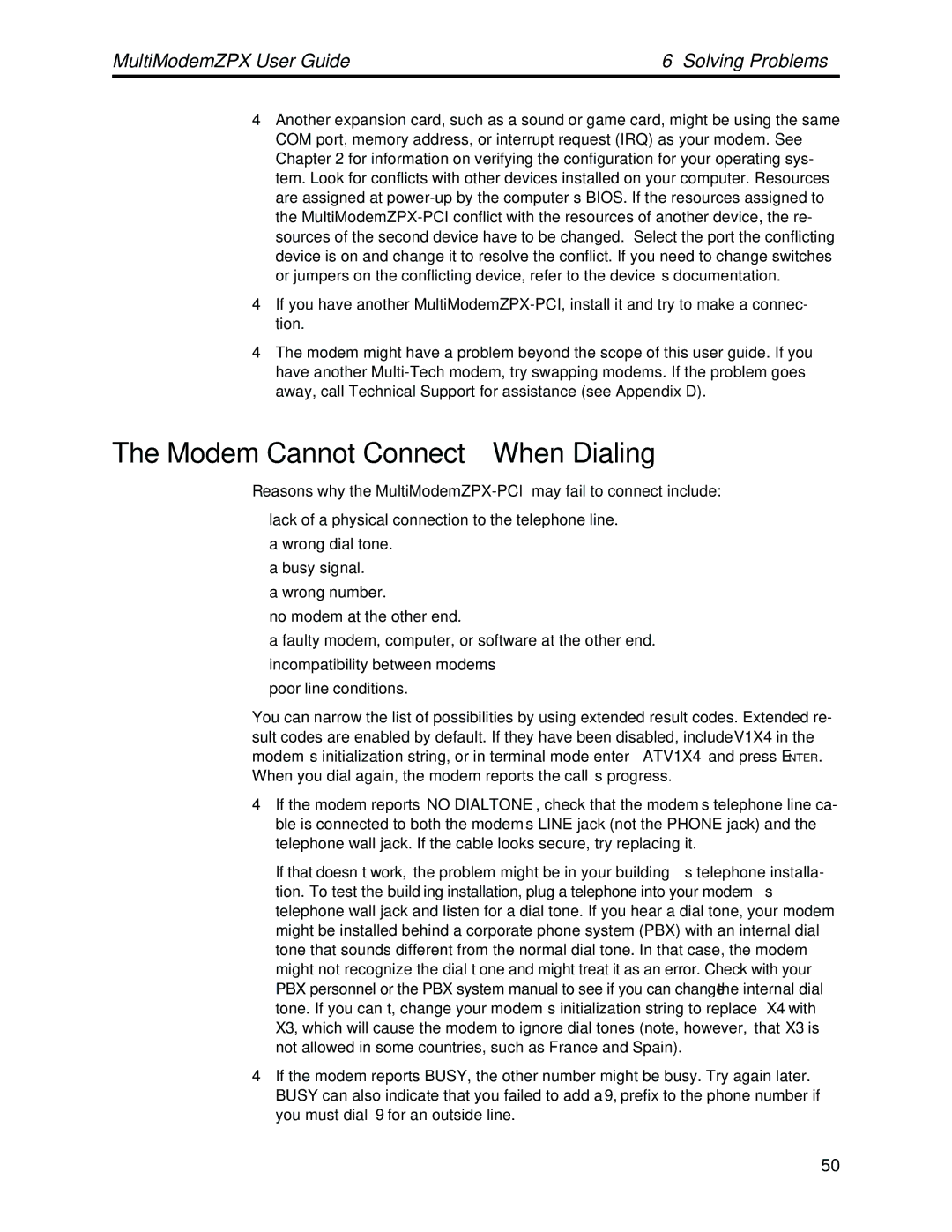 Multi-Tech Systems MT5634ZPX-PCI-V92 manual Modem Cannot Connect When Dialing 