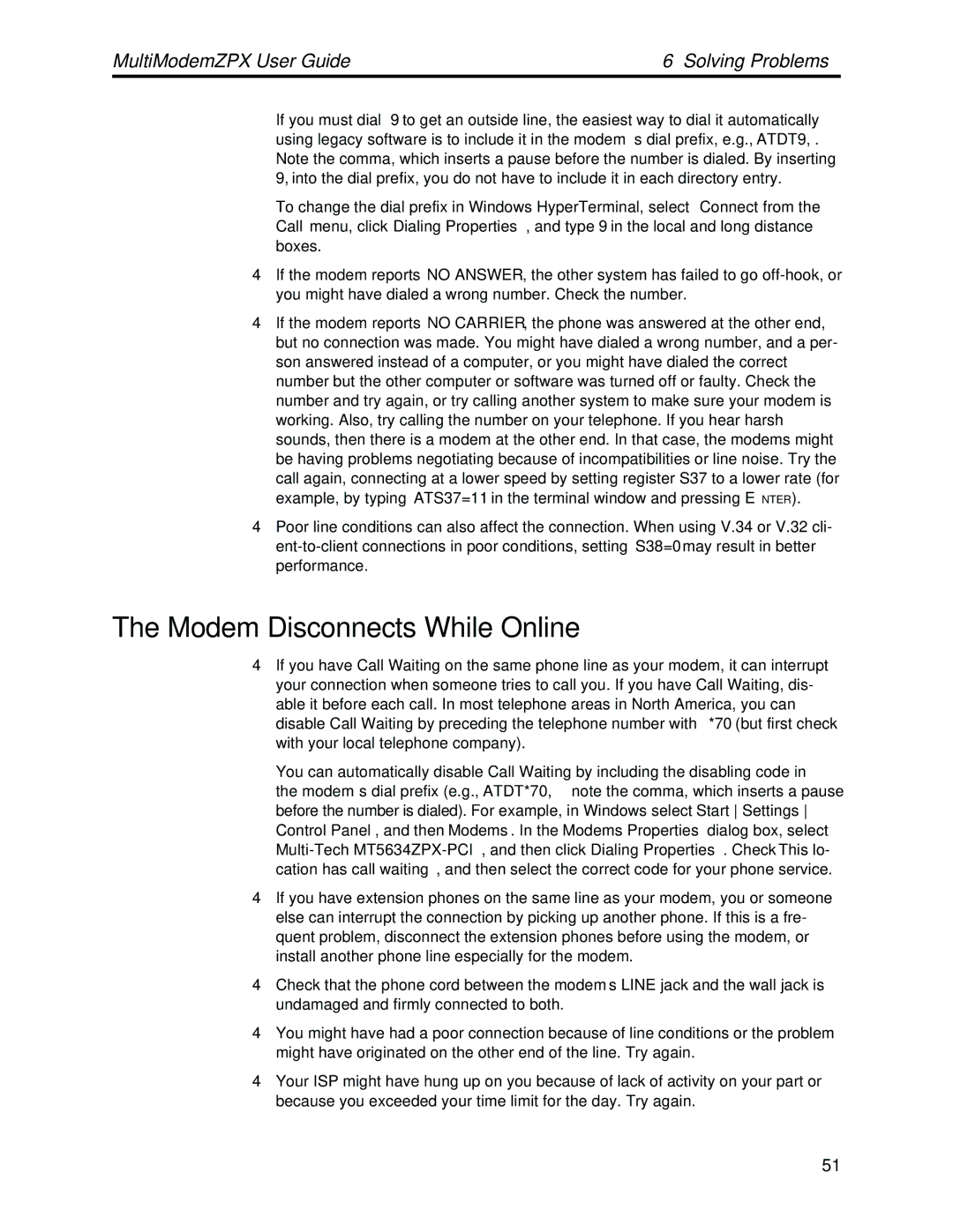 Multi-Tech Systems MT5634ZPX-PCI-V92 manual ModemDisconnects While Online 