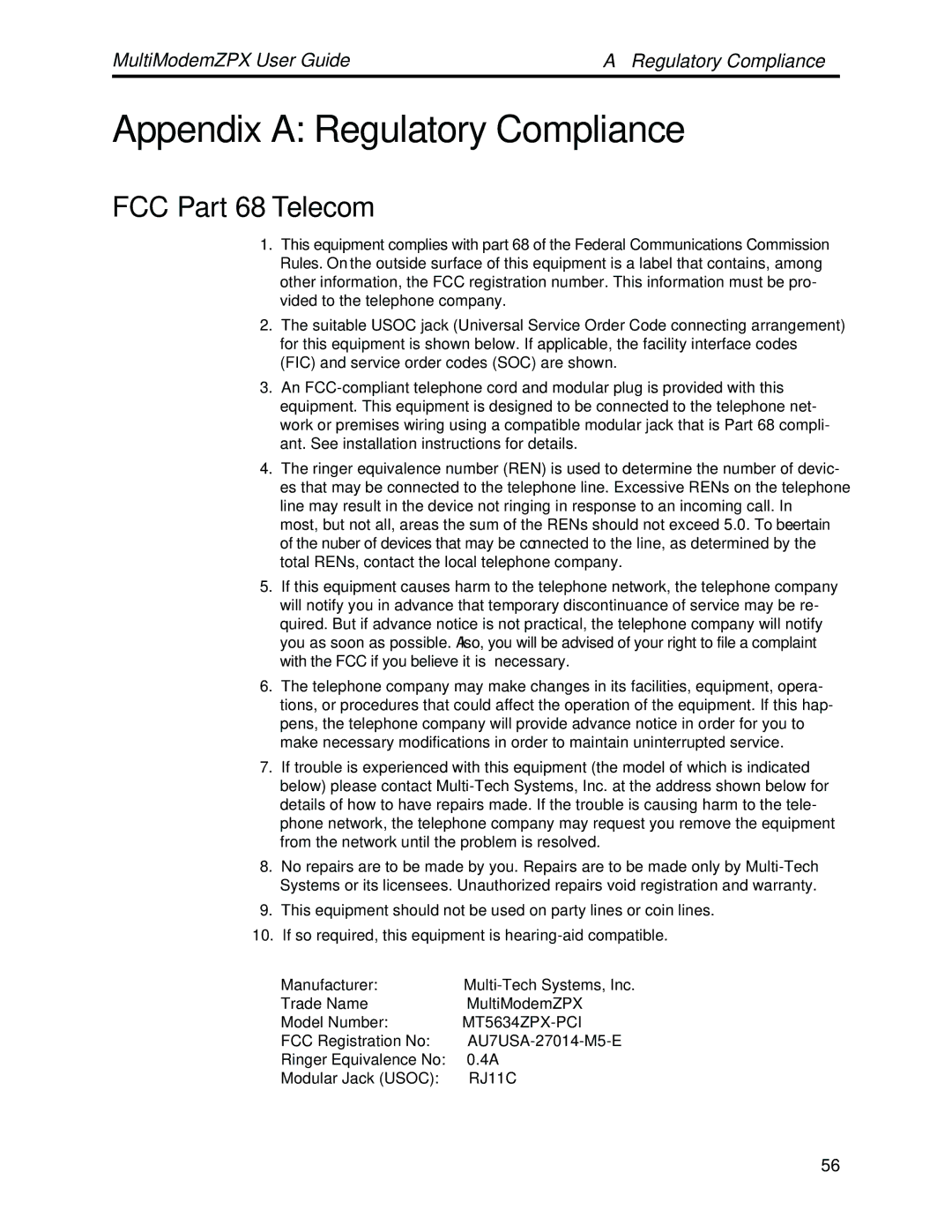 Multi-Tech Systems MT5634ZPX-PCI-V92 manual Appendix a Regulatory Compliance, FCC Part 68 Telecom 