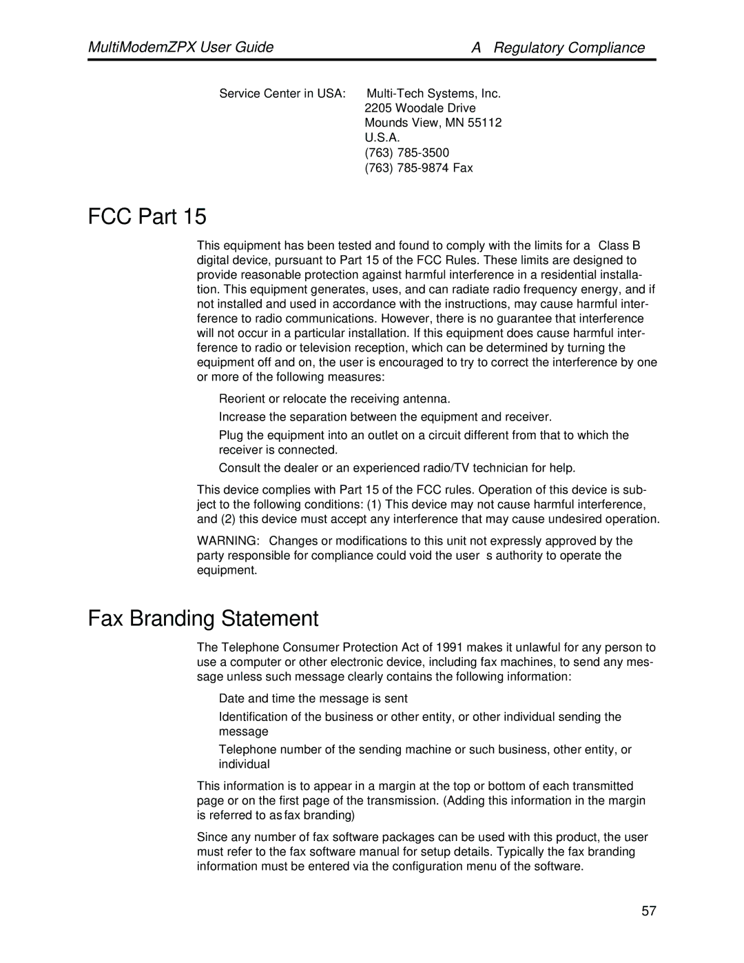 Multi-Tech Systems MT5634ZPX-PCI-V92 manual FCC Part, Fax Branding Statement 