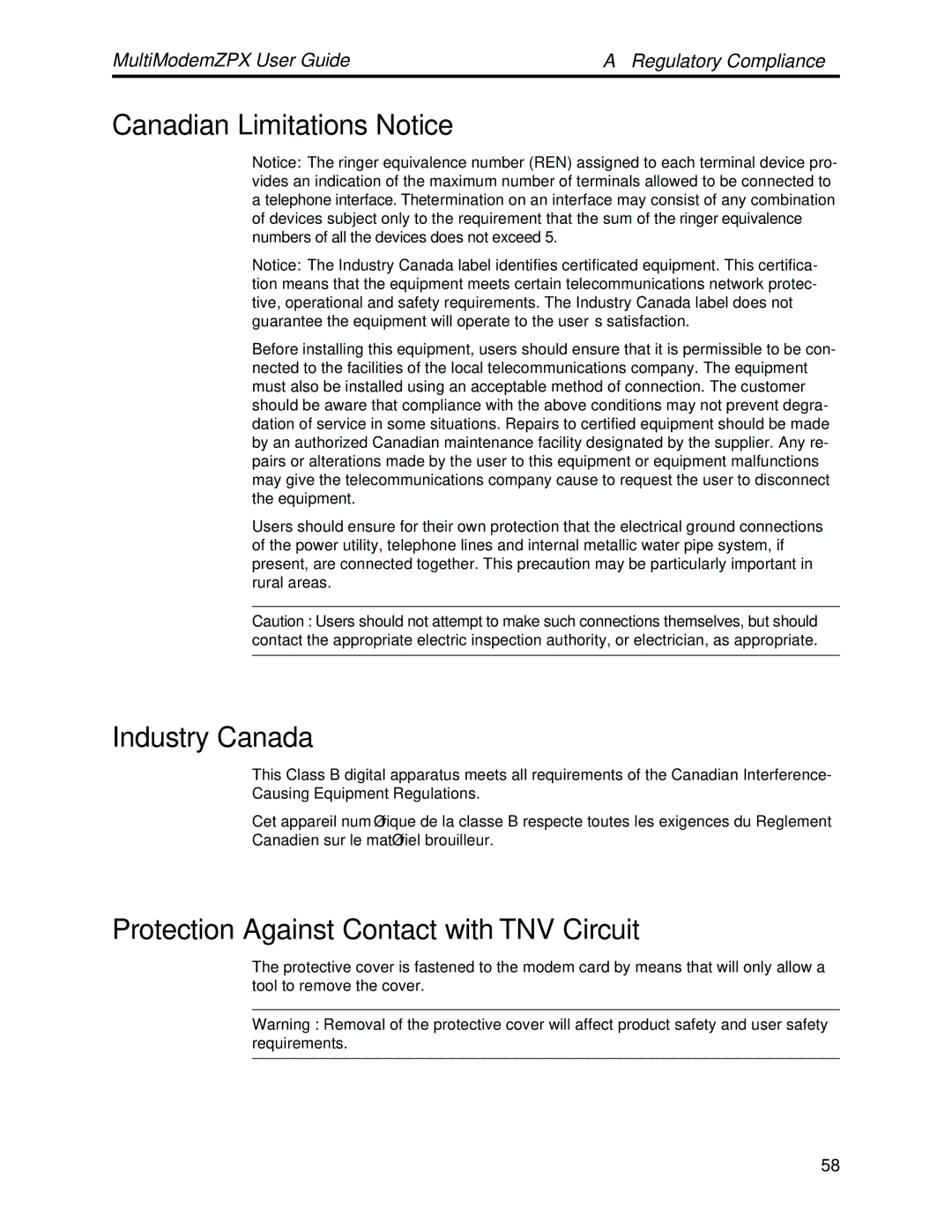 Multi-Tech Systems MT5634ZPX-PCI-V92 manual Canadian Limitations Notice, Industry Canada 