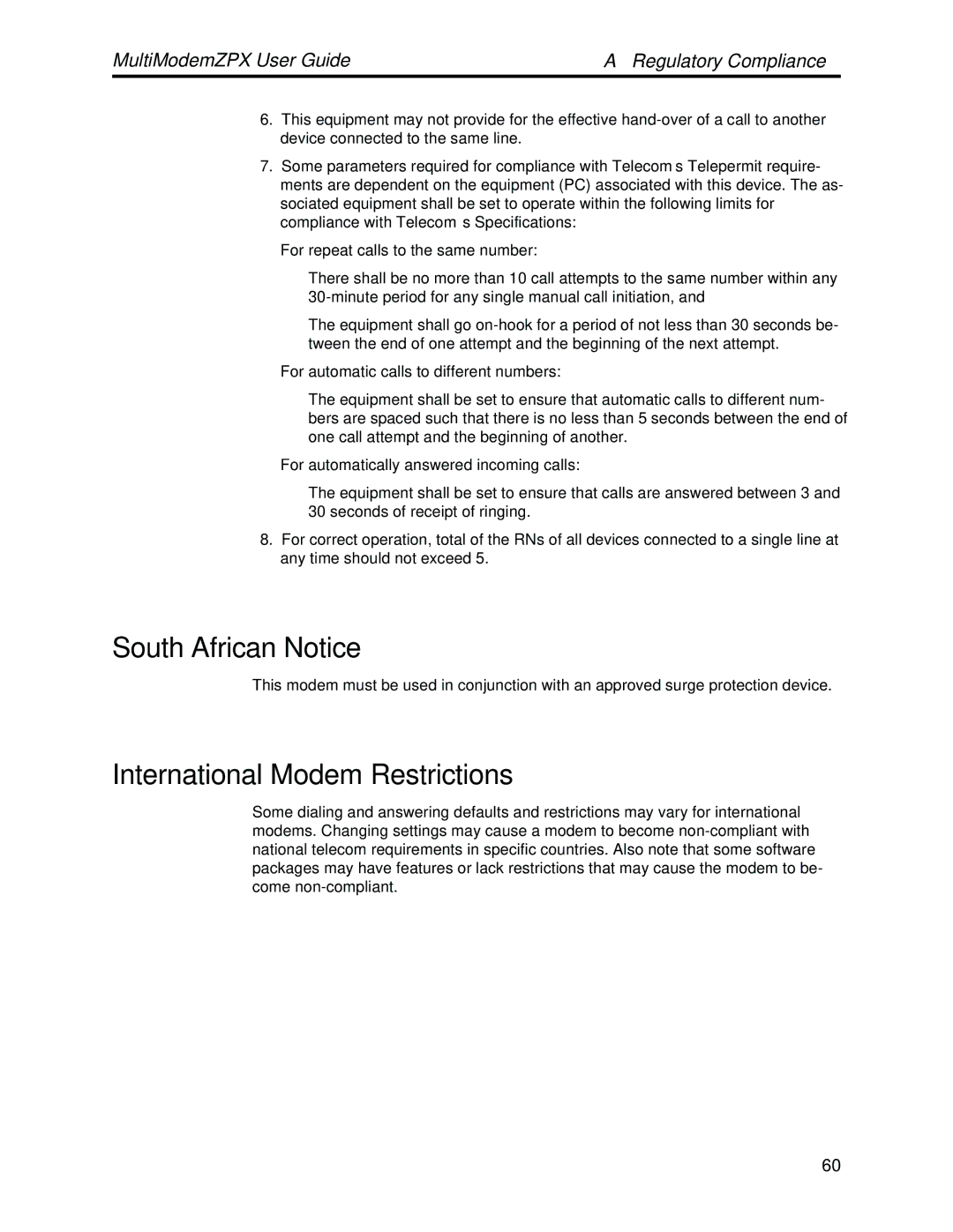 Multi-Tech Systems MT5634ZPX-PCI-V92 manual South African Notice, International Modem Restrictions 