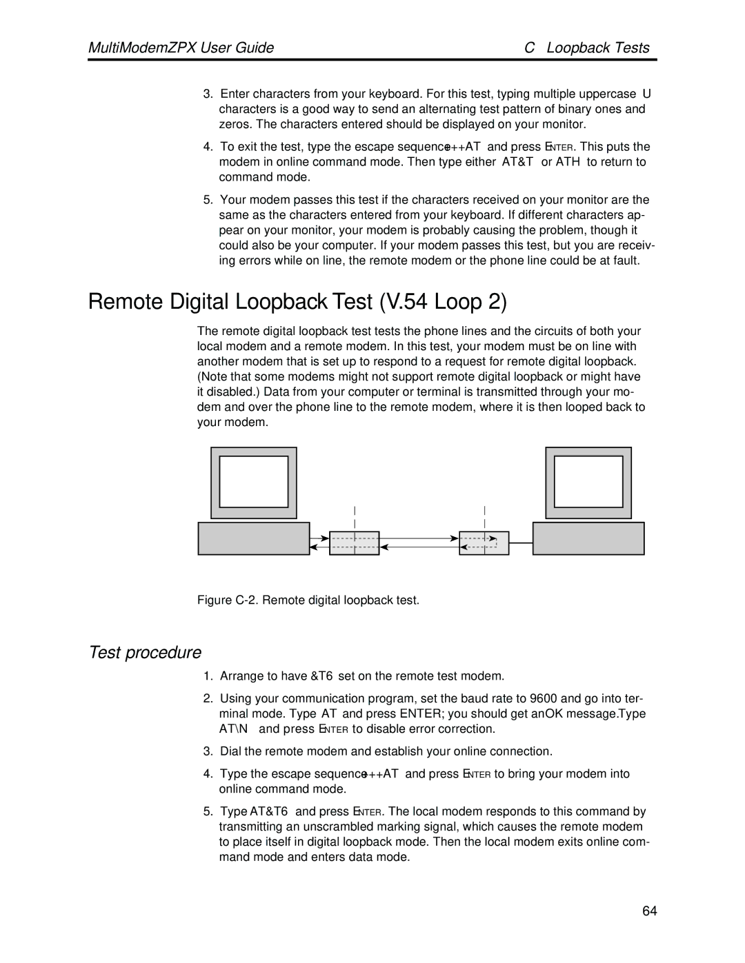 Multi-Tech Systems MT5634ZPX-PCI-V92 Remote Digital Loopback Test V.54 Loop, Figure C-2. Remote digital loopback test 