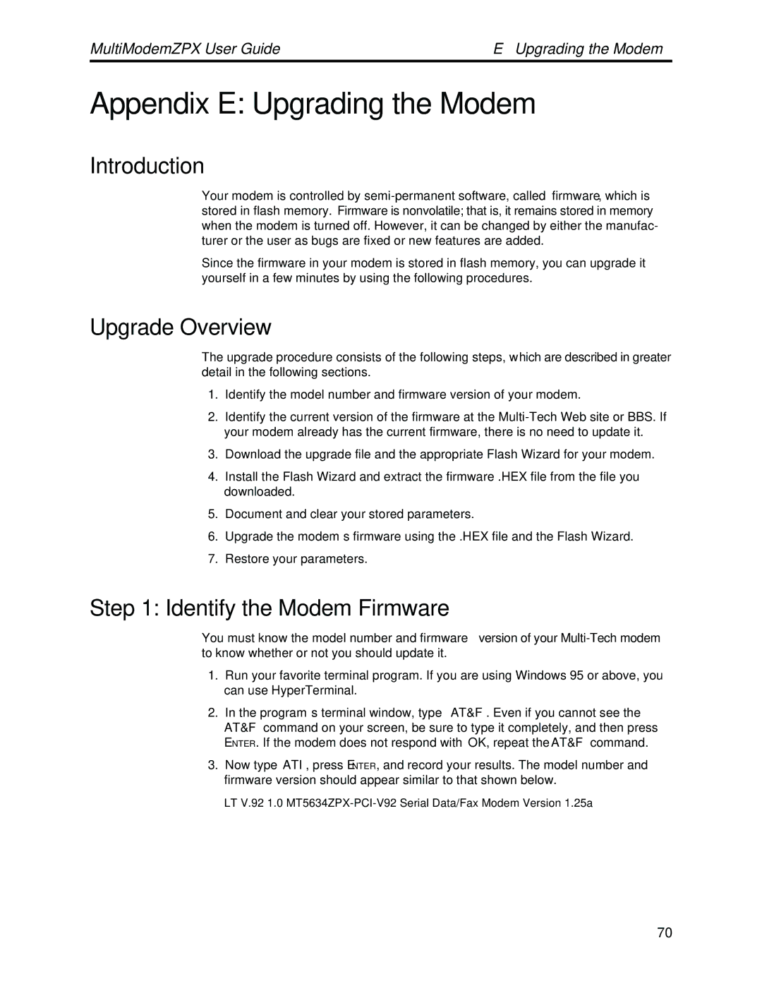 Multi-Tech Systems MT5634ZPX-PCI-V92 manual Upgrade Overview, Identify the Modem Firmware 