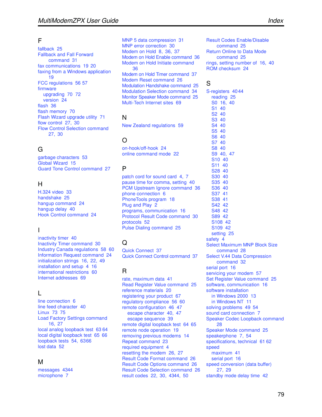 Multi-Tech Systems MT5634ZPX-PCI-V92 manual MultiModemZPX User Guide Index 